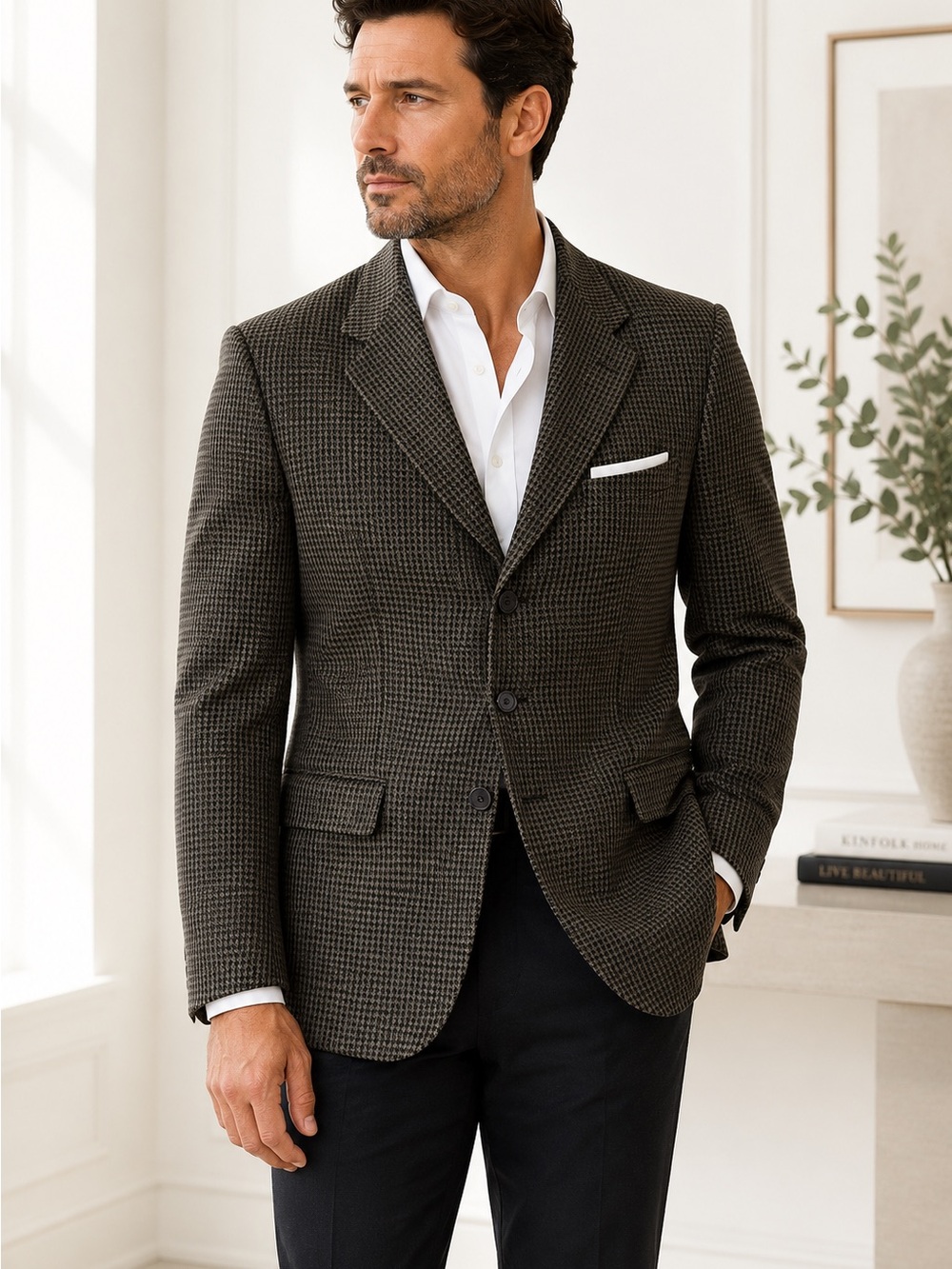 Bachrach 42R Silk Wool Sport Coat Blazer Brown Black Houndstooth Italy 3 Button